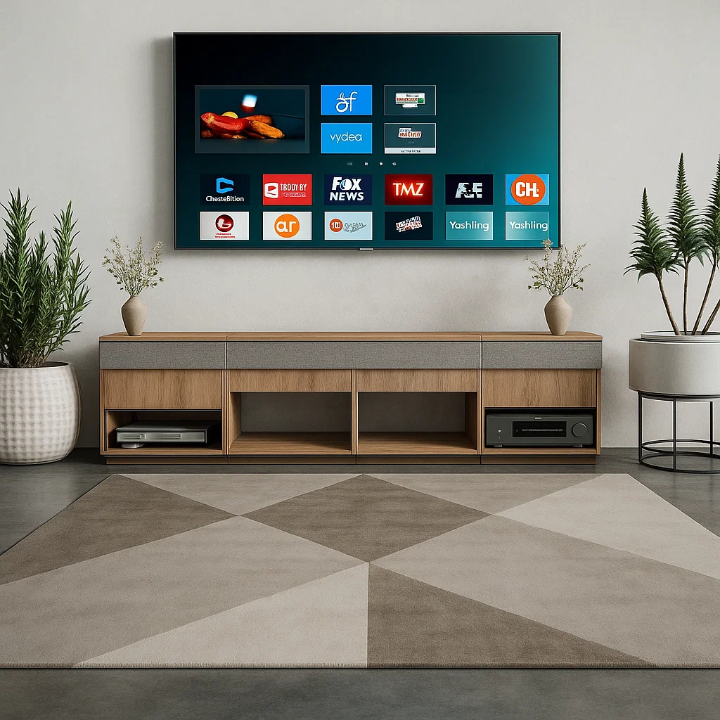 Diseño cálido y práctico: madera y gris textil para un centro de entretenimiento moderno y ordenado.